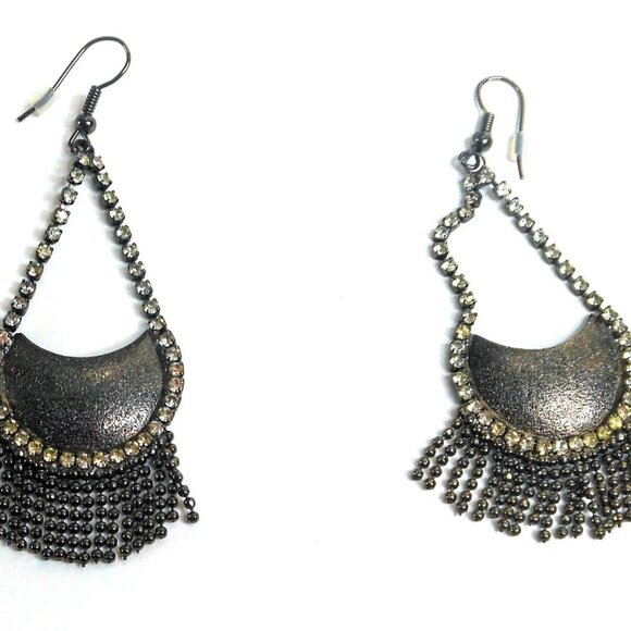 Vintage Boho Crescent Moon Fringe Earrings 3” Boho Festival - Picture 2 of 4